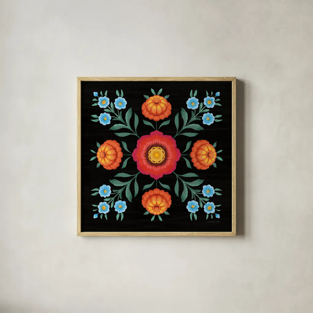 Dia de los Muertos X by Danhui Nai. Shown in a natural wood glass frame for a timeless modern aesthetic. Available as an archival giclee rolled canvas, fine art paper, or poster print. SKU 85546a.