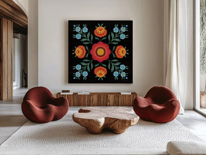 Dia de los Muertos X by Danhui Nai. Shown as extra-large giant wall art in a modern living room. Available as an archival giclee rolled canvas, fine art paper, or poster print. SKU 85546a.