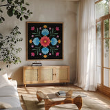 Dia de los Muertos XI by Danhui Nai. Shown in a natural wood frame in a cozy modern living room. Available as an archival giclee rolled canvas, fine art paper, or poster print. SKU 85547a.