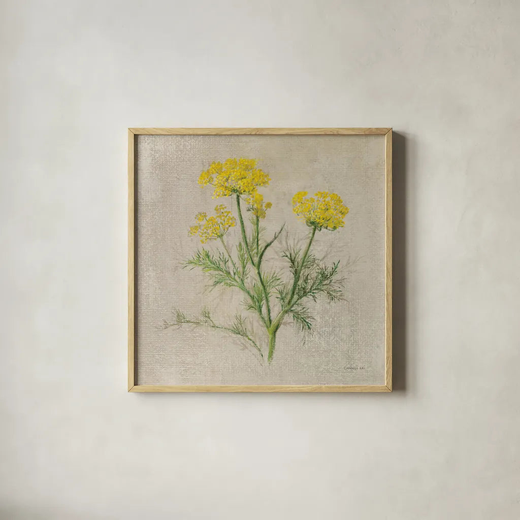 Dill by Danhui Nai. Shown in a natural wood glass frame for a timeless modern aesthetic. Available as an archival giclee rolled canvas, fine art paper, or poster print. SKU 100976a.