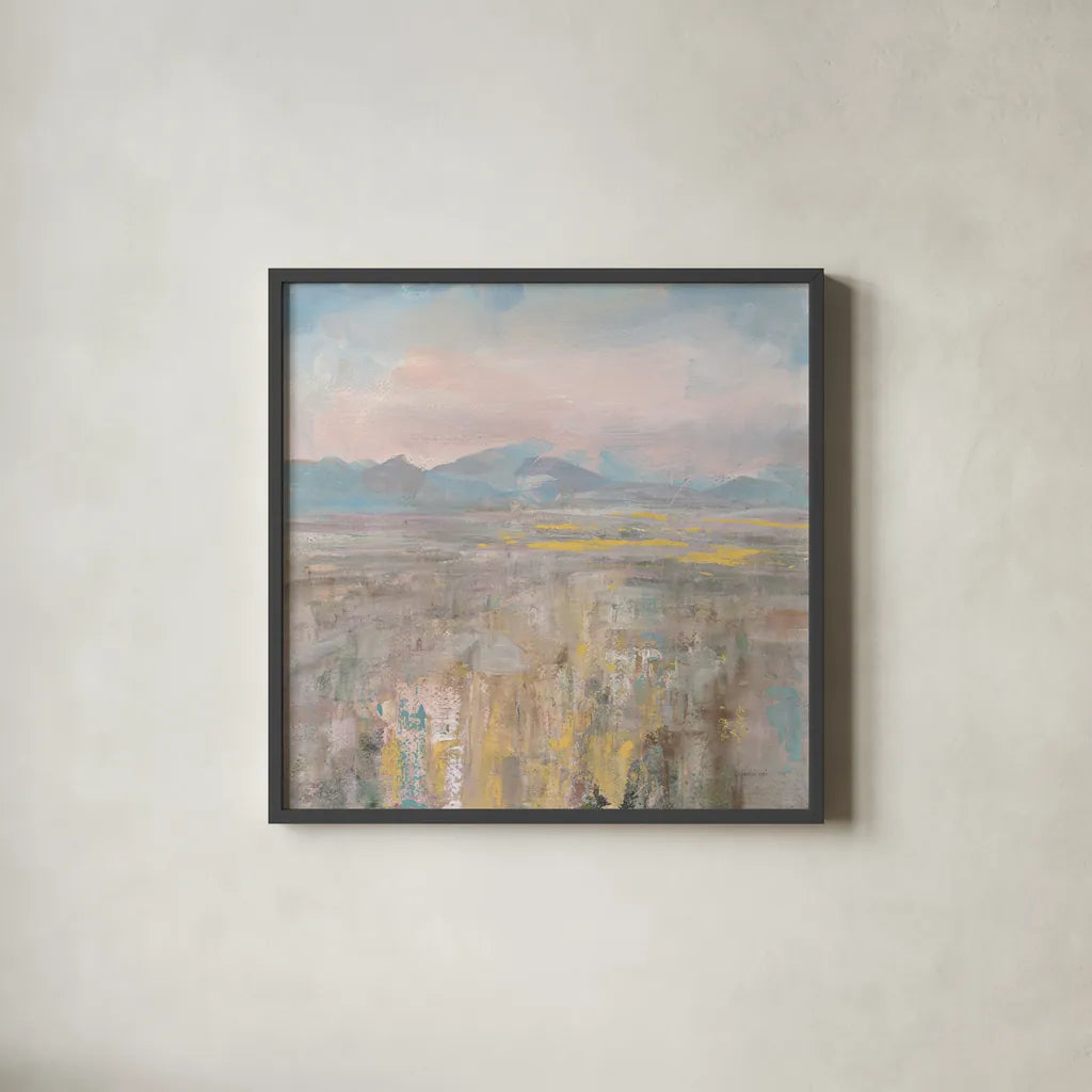 Distant Mountains by Danhui Nai. Shown in a sleek black glass frame for a contemporary gallery look. Available as an archival giclee rolled canvas, fine art paper, or poster print. SKU 66542a.