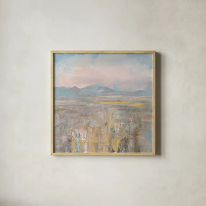Distant Mountains by Danhui Nai. Shown in a natural wood glass frame for a timeless modern aesthetic. Available as an archival giclee rolled canvas, fine art paper, or poster print. SKU 66542a.