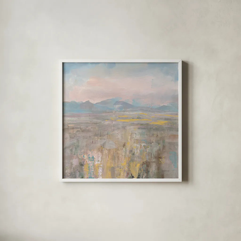 Distant Mountains by Danhui Nai. Shown in a crisp white glass frame for a clean and minimalist style. Available as an archival giclee rolled canvas, fine art paper, or poster print. SKU 66542a.