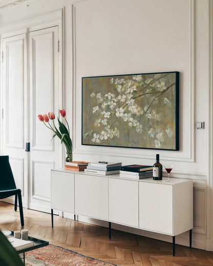 Dogwood in Spring by Danhui Nai. shown as a framed stretched canvas in a living room above a console. Available as a archival giclee rolled canvas, fine art paper, or poster print. SKU 16689i.