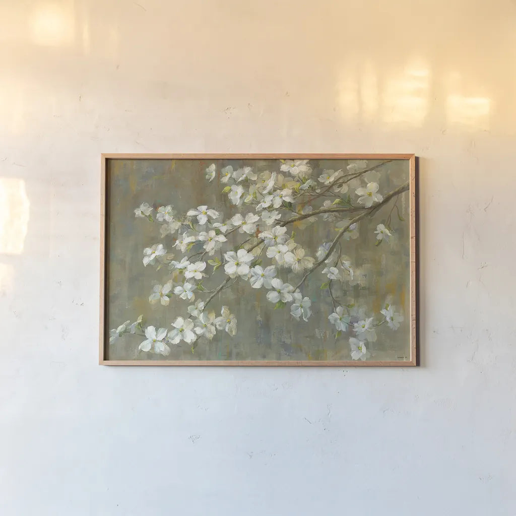 Dogwood in Spring by Danhui Nai. shown as a paper print in a natural frame. Available as a archival giclee rolled canvas, fine art paper, or poster print. SKU 16689i.