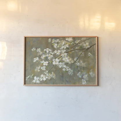 Dogwood in Spring by Danhui Nai. shown as a paper print in a natural frame. Available as a archival giclee rolled canvas, fine art paper, or poster print. SKU 16689i.
