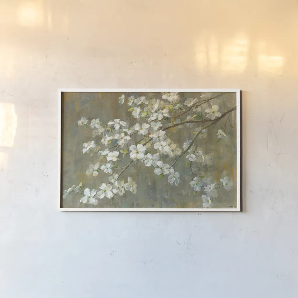 Dogwood in Spring by Danhui Nai. shown as a paper print in a white frame. Available as a archival giclee rolled canvas, fine art paper, or poster print. SKU 16689i.