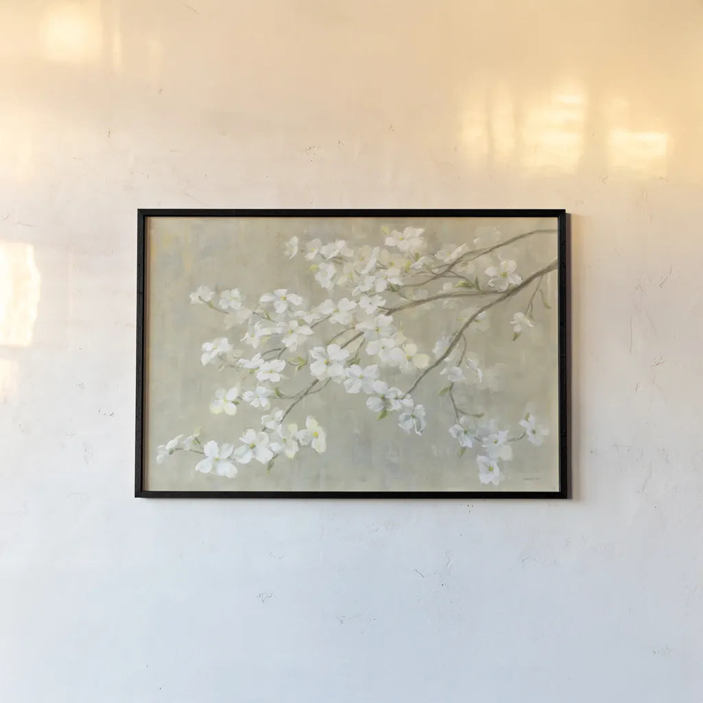Dogwood in Spring Neutral Crop by Danhui Nai. shown as a paper print in a black flame. Available as a archival giclee rolled canvas, fine art paper, or poster print. SKU 44830i.