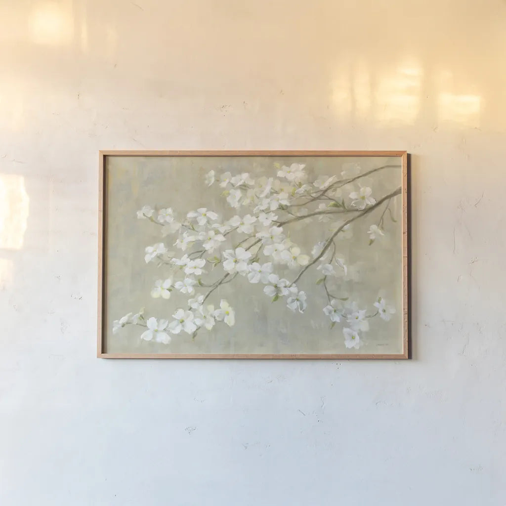 Dogwood in Spring Neutral Crop by Danhui Nai. shown as a paper print in a natural frame. Available as a archival giclee rolled canvas, fine art paper, or poster print. SKU 44830i.