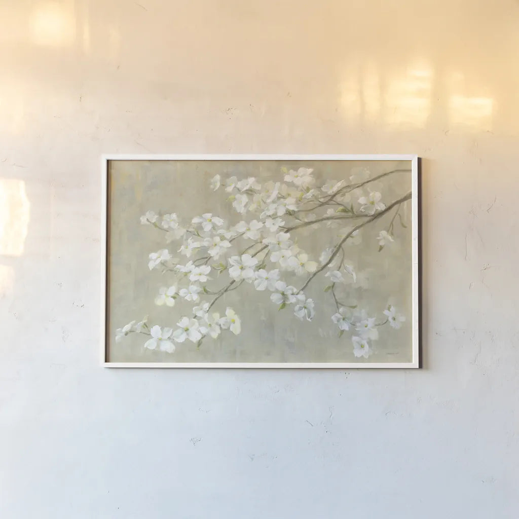 Dogwood in Spring Neutral Crop by Danhui Nai. shown as a paper print in a white frame. Available as a archival giclee rolled canvas, fine art paper, or poster print. SKU 44830i.