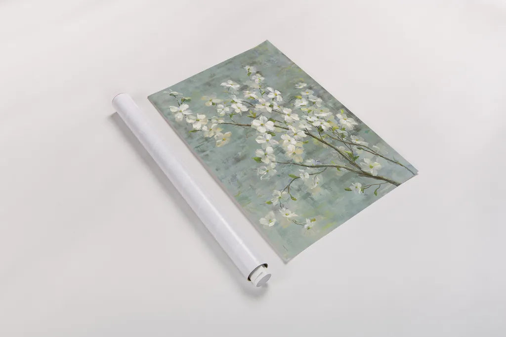 Dogwood in Spring on Blue by Danhui Nai. shown as a rolled paper print. Available as archival giclee rolled canvas, fine art paper, or poster print. SKU 28719i.