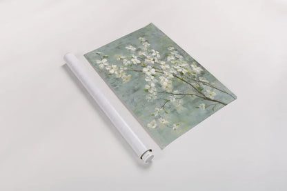 Dogwood in Spring on Blue by Danhui Nai. shown as a rolled paper print. Available as archival giclee rolled canvas, fine art paper, or poster print. SKU 28719i.