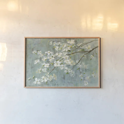 Dogwood in Spring on Blue by Danhui Nai. shown as a paper print in a natural frame. Available as a archival giclee rolled canvas, fine art paper, or poster print. SKU 28719i.