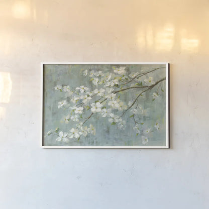 Dogwood in Spring on Blue by Danhui Nai. shown as a paper print in a white frame. Available as a archival giclee rolled canvas, fine art paper, or poster print. SKU 28719i.