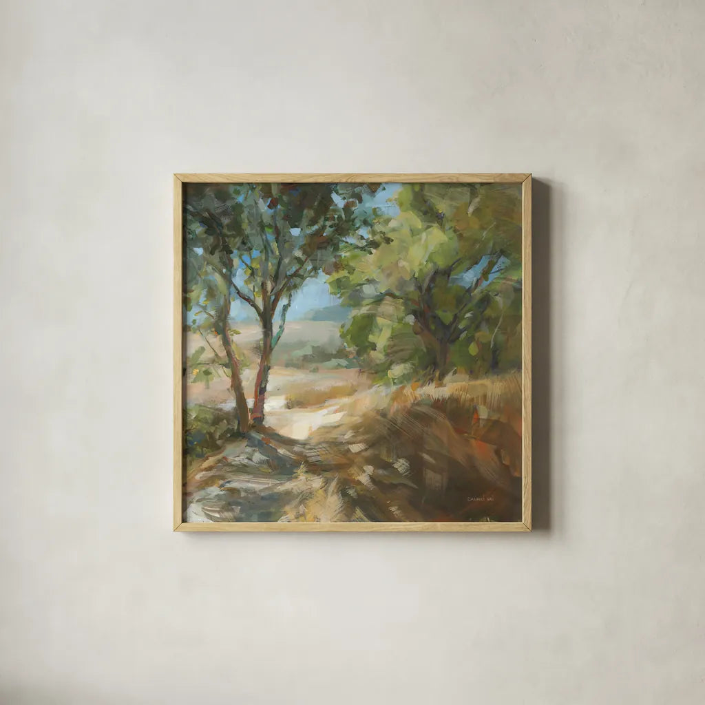 Down to the Fields by Danhui Nai. Shown in a natural wood glass frame for a timeless modern aesthetic. Available as an archival giclee rolled canvas, fine art paper, or poster print. SKU 81740a.