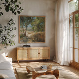 Down to the Fields by Danhui Nai. Shown in a natural wood frame in a cozy modern living room. Available as an archival giclee rolled canvas, fine art paper, or poster print. SKU 81740a.