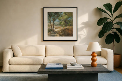 Down to the Fields by Danhui Nai. Displayed in a glass frame with matte in a clean modern living room. Available as an archival giclee rolled canvas, fine art paper, or poster print. SKU 81740a.