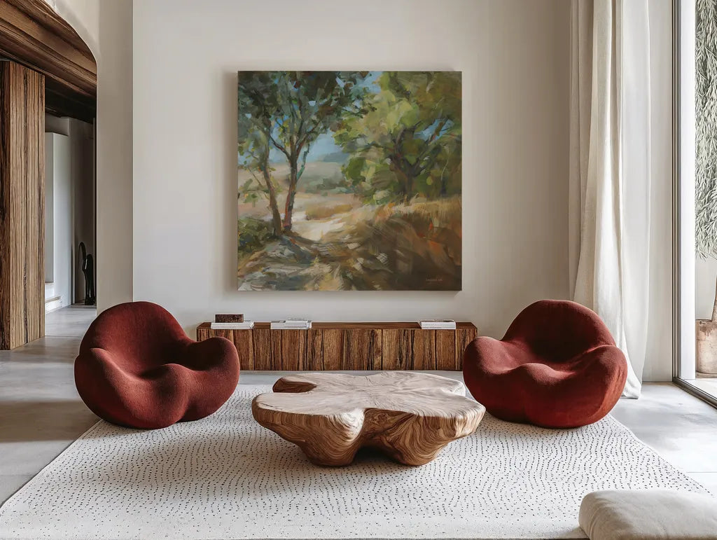 Down to the Fields by Danhui Nai. Shown as extra-large giant wall art in a modern living room. Available as an archival giclee rolled canvas, fine art paper, or poster print. SKU 81740a.