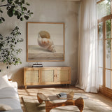 Driftwood Shell I by Danhui Nai. Shown in a natural wood frame in a cozy modern living room. Available as an archival giclee rolled canvas, fine art paper, or poster print. SKU 66975a.