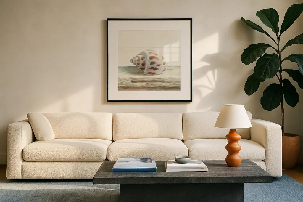 Driftwood Shell II by Danhui Nai. Displayed in a glass frame with matte in a clean modern living room. Available as an archival giclee rolled canvas, fine art paper, or poster print. SKU 66976a.