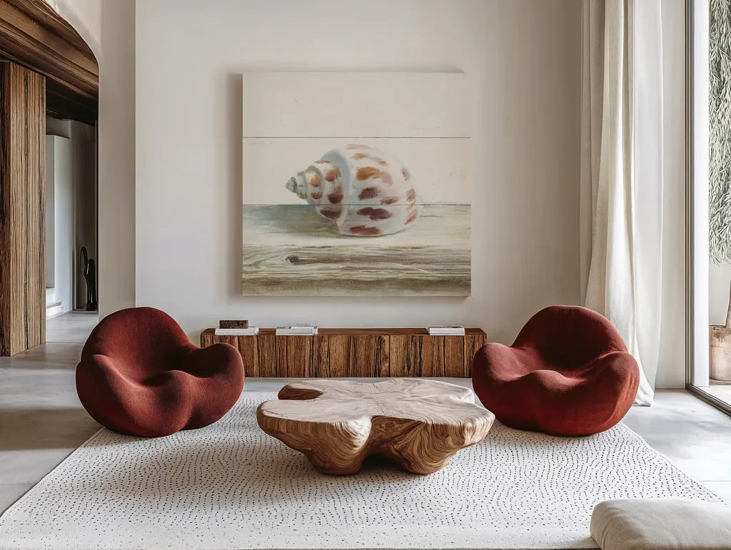 Driftwood Shell II by Danhui Nai. Shown as extra-large giant wall art in a modern living room. Available as an archival giclee rolled canvas, fine art paper, or poster print. SKU 66976a.