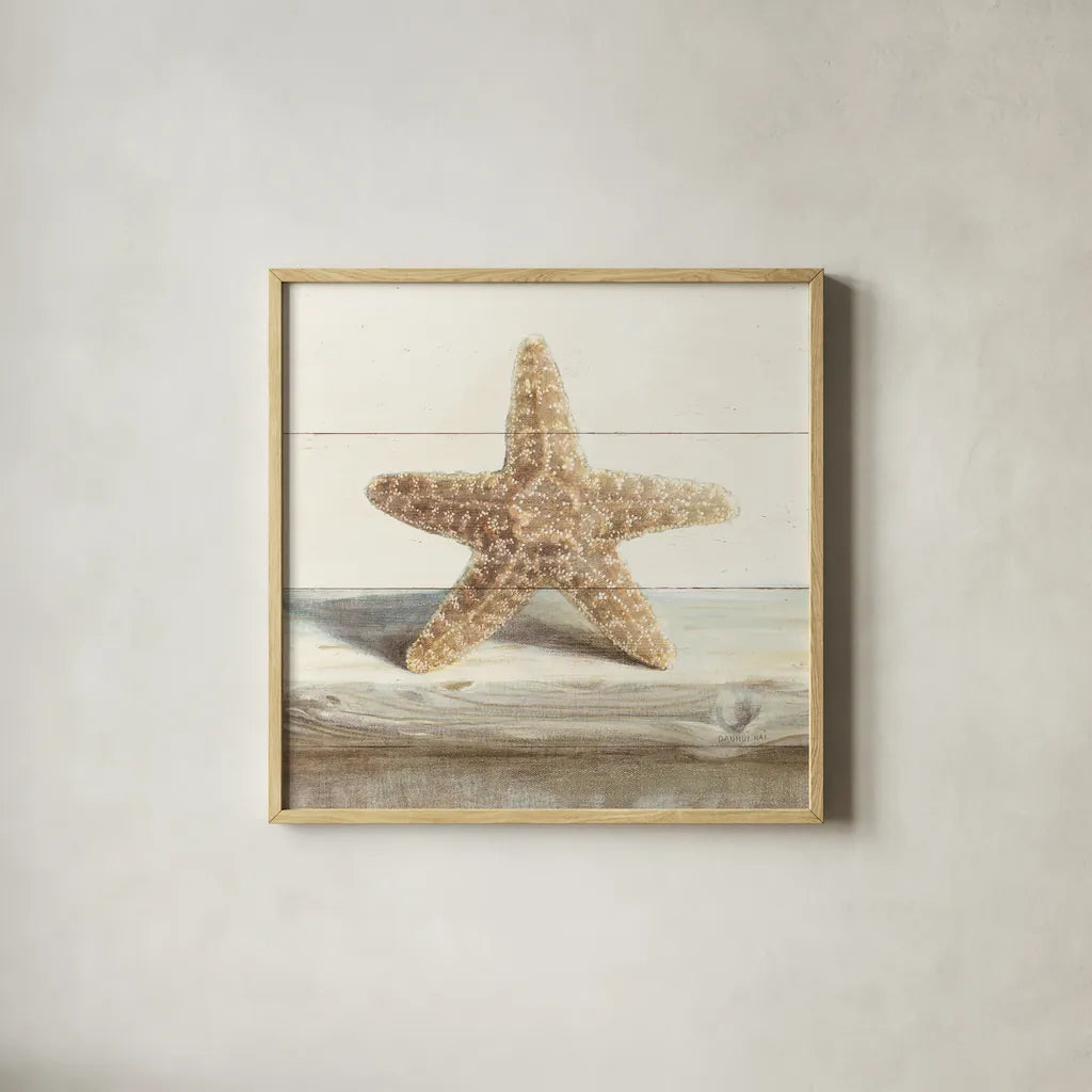 Driftwood Shell III by Danhui Nai. Shown in a natural wood glass frame for a timeless modern aesthetic. Available as an archival giclee rolled canvas, fine art paper, or poster print. SKU 66977a.