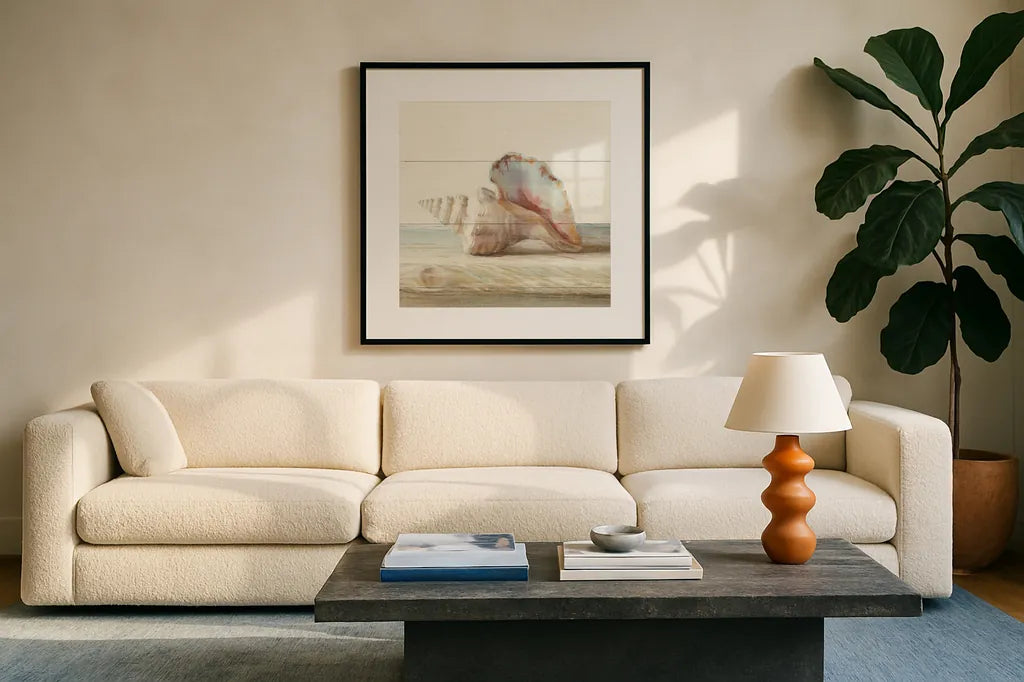Driftwood Shell IV by Danhui Nai. Displayed in a glass frame with matte in a clean modern living room. Available as an archival giclee rolled canvas, fine art paper, or poster print. SKU 66978a.