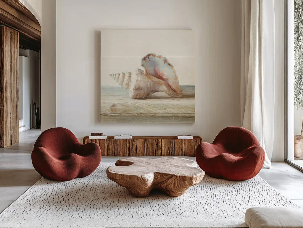 Driftwood Shell IV by Danhui Nai. Shown as extra-large giant wall art in a modern living room. Available as an archival giclee rolled canvas, fine art paper, or poster print. SKU 66978a.