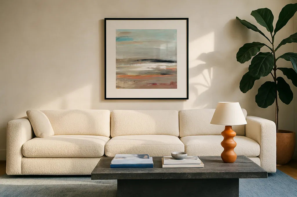 Earth by Danhui Nai. Displayed in a glass frame with matte in a clean modern living room. Available as an archival giclee rolled canvas, fine art paper, or poster print. SKU 79293a.