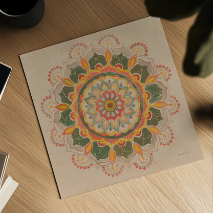 Earthy Mandala by Danhui Nai. Shown as a detailed flat fine art print, highlighting archival giclee quality. Available as an archival giclee rolled canvas, fine art paper, or poster print. SKU 74480a.