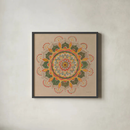 Earthy Mandala by Danhui Nai. Shown in a sleek black glass frame for a contemporary gallery look. Available as an archival giclee rolled canvas, fine art paper, or poster print. SKU 74480a.