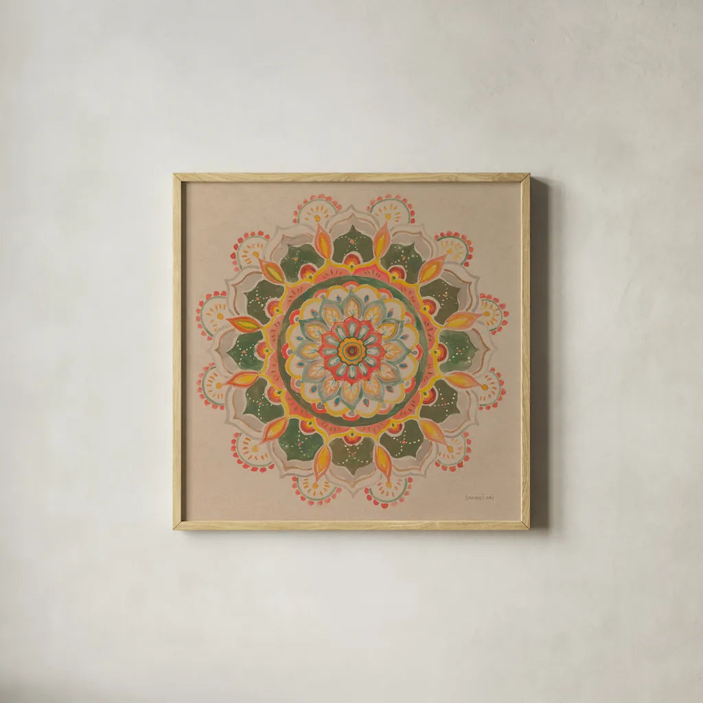 Earthy Mandala by Danhui Nai. Shown in a natural wood glass frame for a timeless modern aesthetic. Available as an archival giclee rolled canvas, fine art paper, or poster print. SKU 74480a.