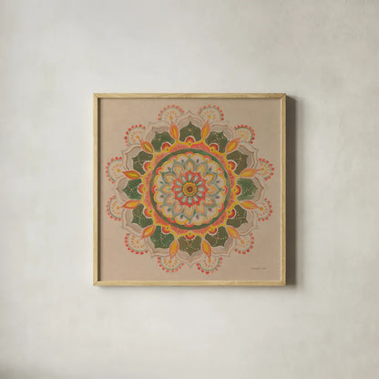 Earthy Mandala by Danhui Nai. Shown in a natural wood glass frame for a timeless modern aesthetic. Available as an archival giclee rolled canvas, fine art paper, or poster print. SKU 74480a.