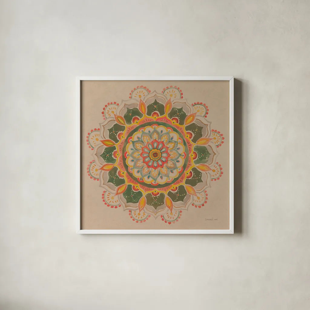 Earthy Mandala by Danhui Nai. Shown in a crisp white glass frame for a clean and minimalist style. Available as an archival giclee rolled canvas, fine art paper, or poster print. SKU 74480a.
