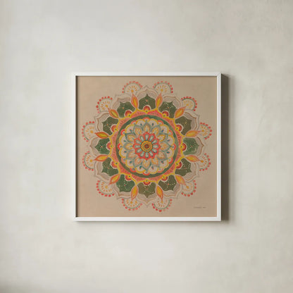 Earthy Mandala by Danhui Nai. Shown in a crisp white glass frame for a clean and minimalist style. Available as an archival giclee rolled canvas, fine art paper, or poster print. SKU 74480a.