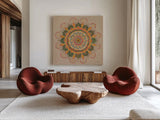 Earthy Mandala by Danhui Nai. Shown as extra-large giant wall art in a modern living room. Available as an archival giclee rolled canvas, fine art paper, or poster print. SKU 74480a.