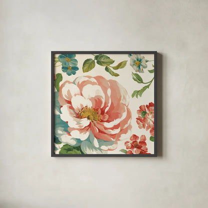 Elegant Floral III by Danhui Nai. Shown in a sleek black glass frame for a contemporary gallery look. Available as an archival giclee rolled canvas, fine art paper, or poster print. SKU 101416a.