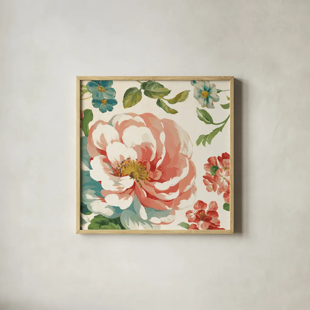 Elegant Floral III by Danhui Nai. Shown in a natural wood glass frame for a timeless modern aesthetic. Available as an archival giclee rolled canvas, fine art paper, or poster print. SKU 101416a.