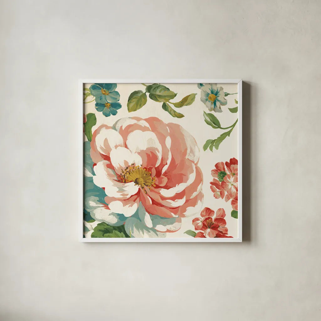 Elegant Floral III by Danhui Nai. Shown in a crisp white glass frame for a clean and minimalist style. Available as an archival giclee rolled canvas, fine art paper, or poster print. SKU 101416a.