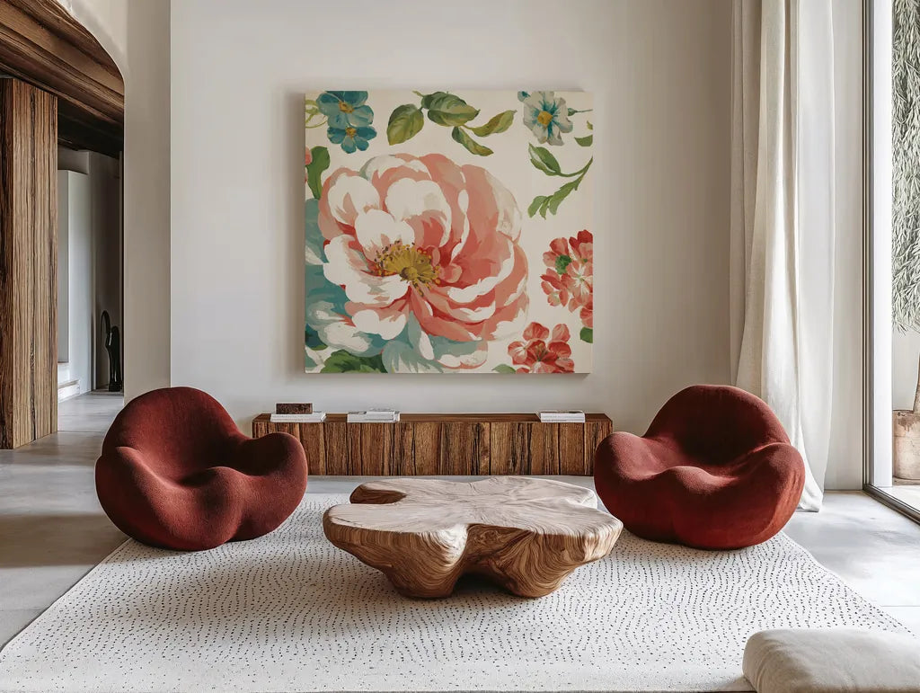 Elegant Floral III by Danhui Nai. Shown as extra-large giant wall art in a modern living room. Available as an archival giclee rolled canvas, fine art paper, or poster print. SKU 101416a.
