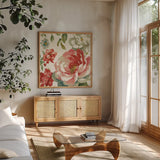 Elegant Floral IV by Danhui Nai. Shown in a natural wood frame in a cozy modern living room. Available as an archival giclee rolled canvas, fine art paper, or poster print. SKU 101417a.