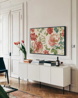 Elegant Floral V by Danhui Nai. shown as a framed stretched canvas in a living room above a console. Available as a archival giclee rolled canvas, fine art paper, or poster print. SKU 101418i.