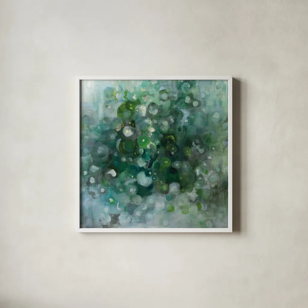 Emerald Constellation by Danhui Nai. Shown in a crisp white glass frame for a clean and minimalist style. Available as an archival giclee rolled canvas, fine art paper, or poster print. SKU 89242a.
