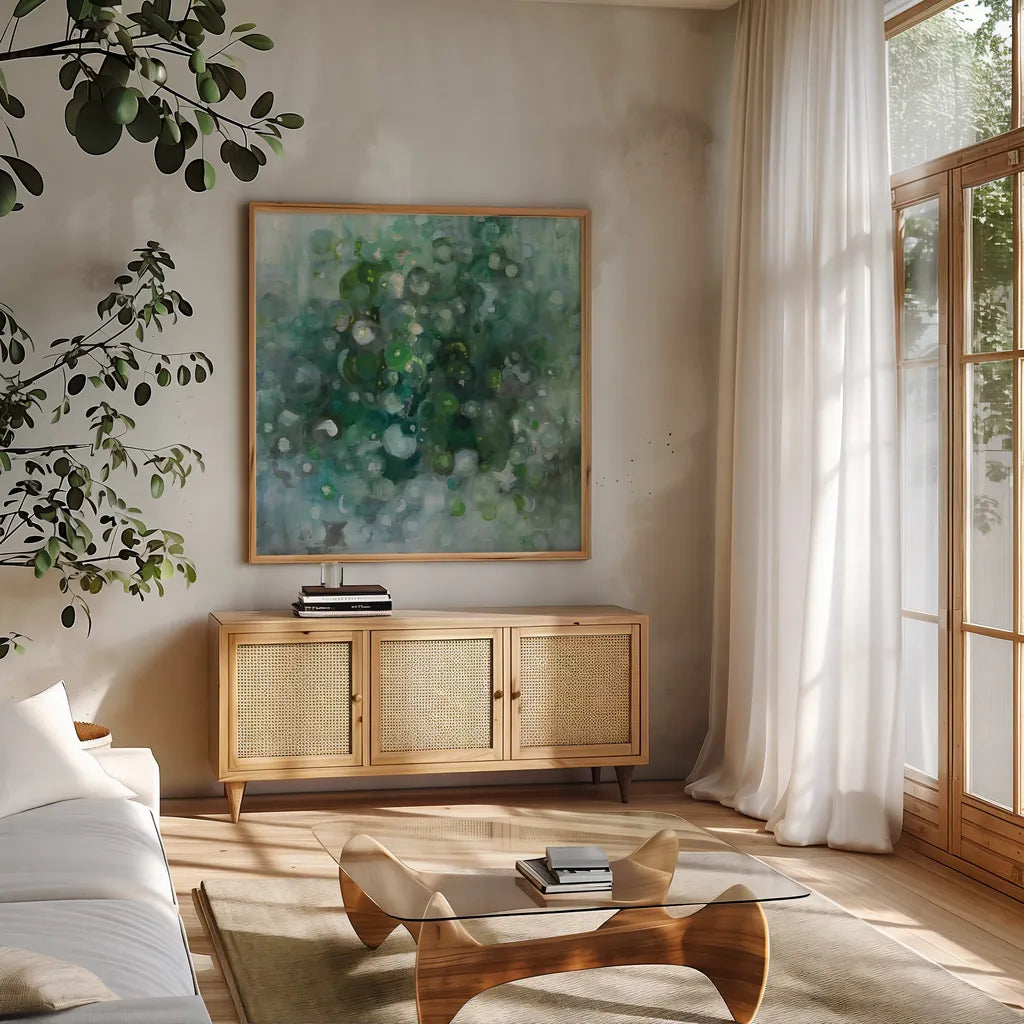 Emerald Constellation by Danhui Nai. Shown in a natural wood frame in a cozy modern living room. Available as an archival giclee rolled canvas, fine art paper, or poster print. SKU 89242a.