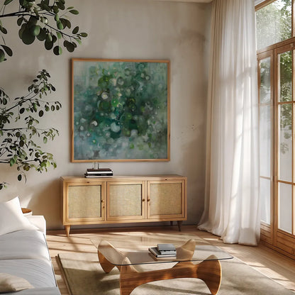 Emerald Constellation by Danhui Nai. Shown in a natural wood frame in a cozy modern living room. Available as an archival giclee rolled canvas, fine art paper, or poster print. SKU 89242a.