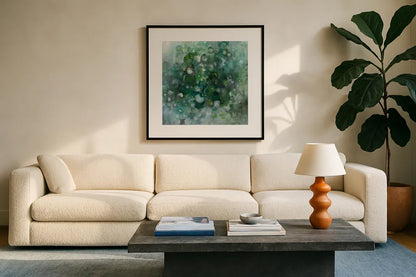 Emerald Constellation by Danhui Nai. Displayed in a glass frame with matte in a clean modern living room. Available as an archival giclee rolled canvas, fine art paper, or poster print. SKU 89242a.