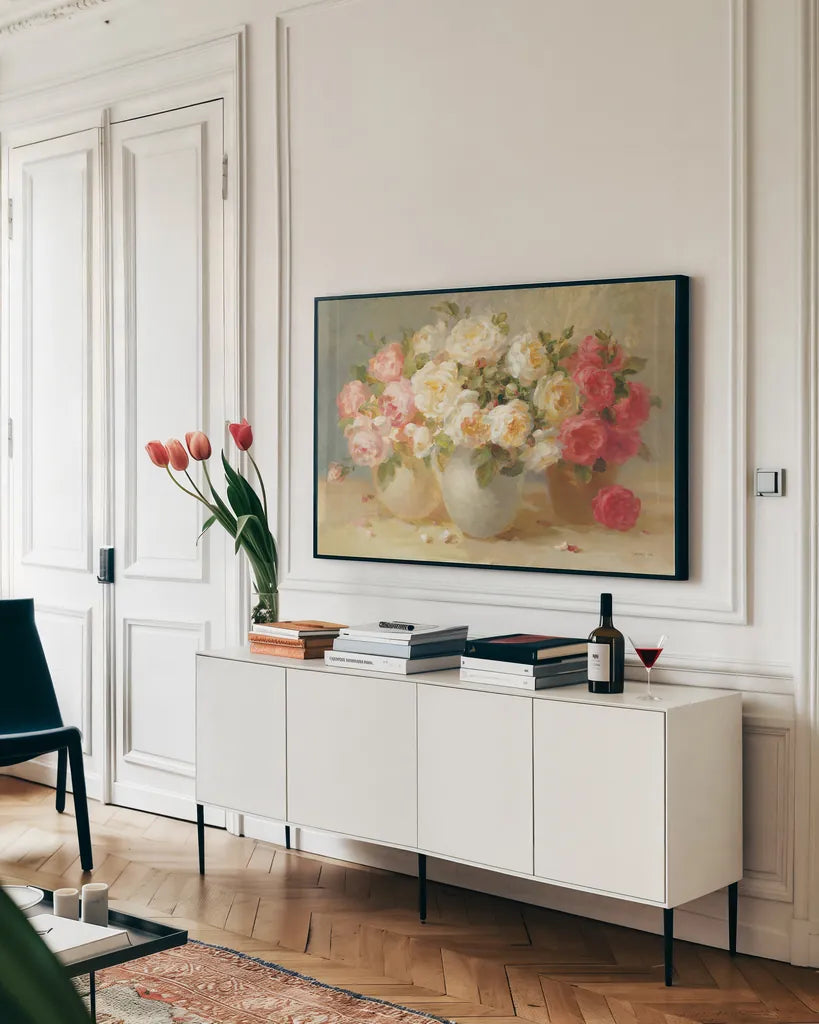 English Rose Bouquets by Danhui Nai. shown as a framed stretched canvas in a living room above a console. Available as a archival giclee rolled canvas, fine art paper, or poster print. SKU 5231i.