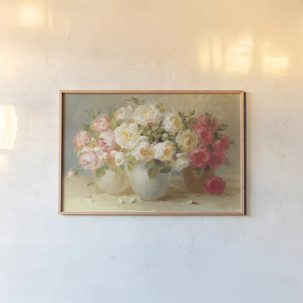 English Rose Bouquets by Danhui Nai. shown as a paper print in a natural frame. Available as a archival giclee rolled canvas, fine art paper, or poster print. SKU 5231i.