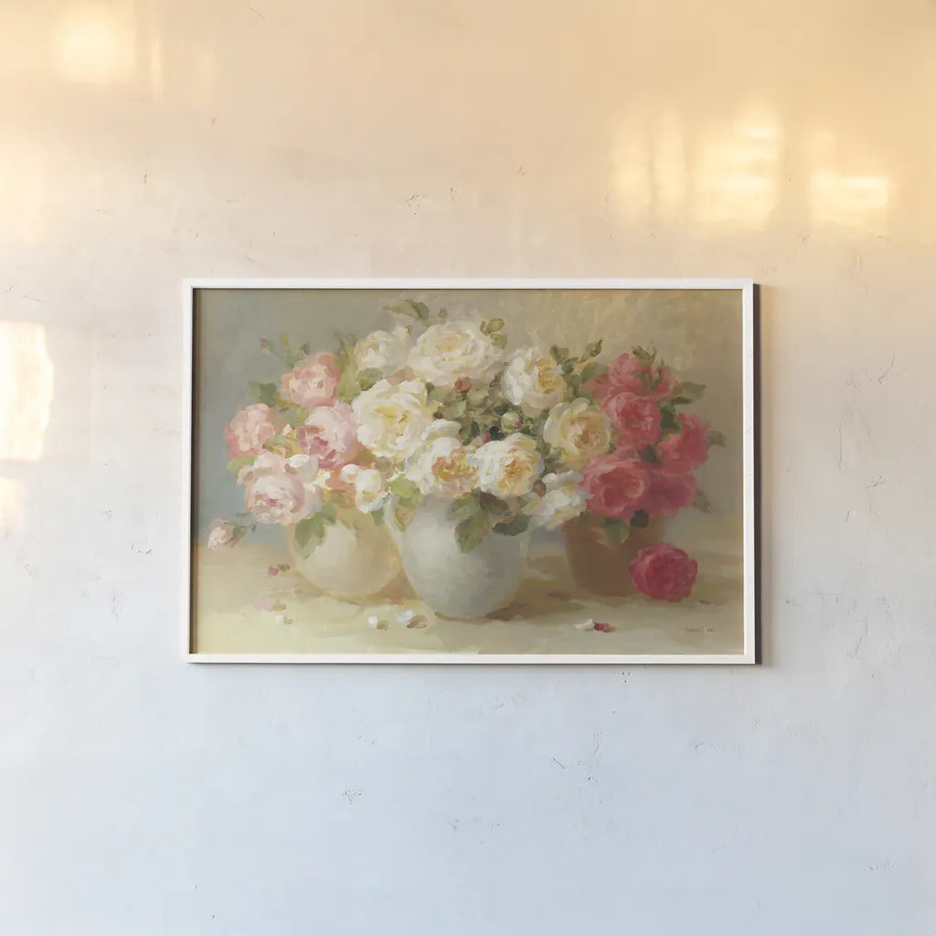 English Rose Bouquets by Danhui Nai. shown as a paper print in a white frame. Available as a archival giclee rolled canvas, fine art paper, or poster print. SKU 5231i.
