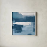 Escalante Mood Blue and White Sq by Danhui Nai. Shown in a crisp white glass frame for a clean and minimalist style. Available as an archival giclee rolled canvas, fine art paper, or poster print. SKU 77485a.